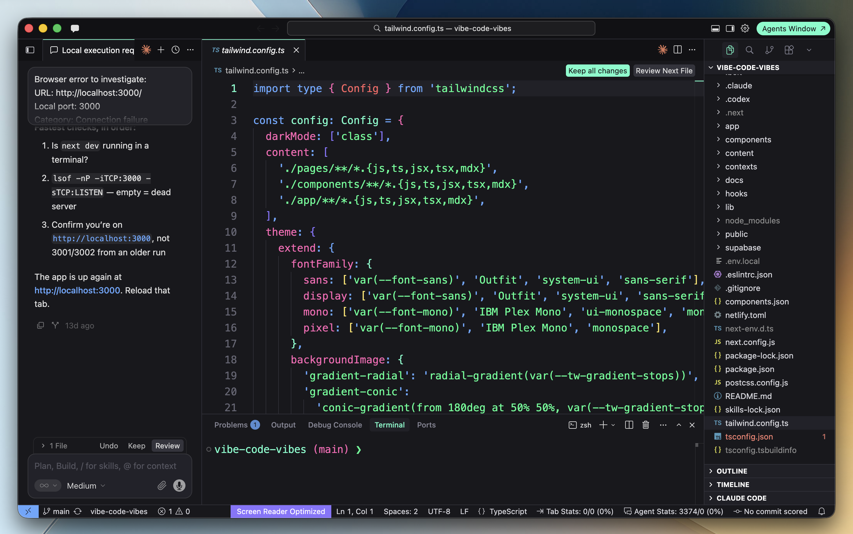 Nicely Neon in Cursor showing a TypeScript Tailwind configuration, AI chat, file explorer, and terminal